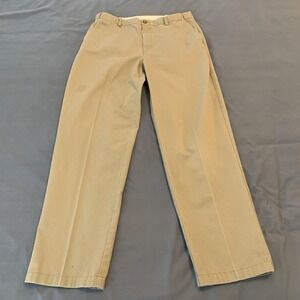 LL Bean Pants Mens 35x32 Khaki Comfort Waist Chino 100%‎ Cotton Flat Front Tan